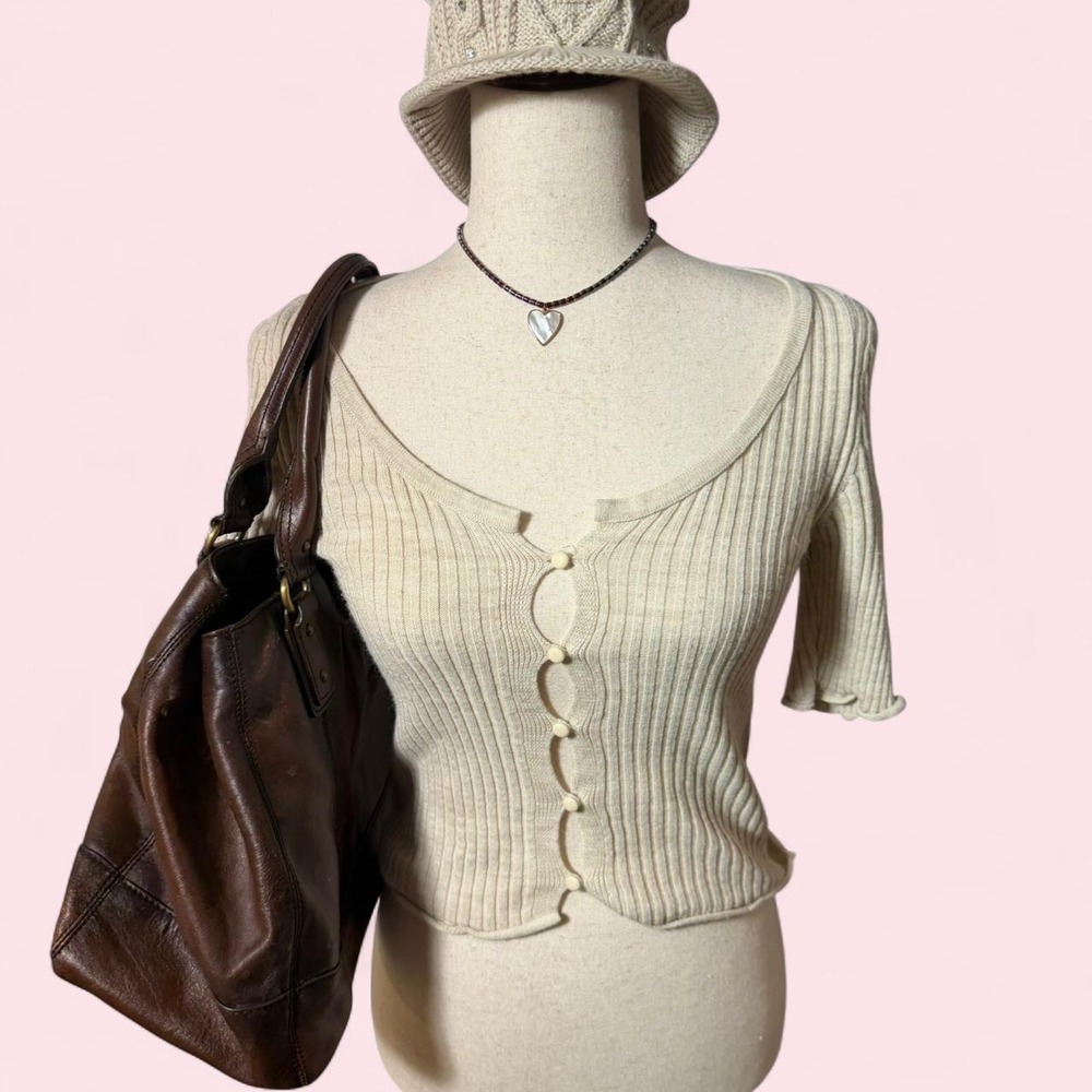 ASOS Design Cream Ribbed Open Button Knit Top Coquette Size 4 Small